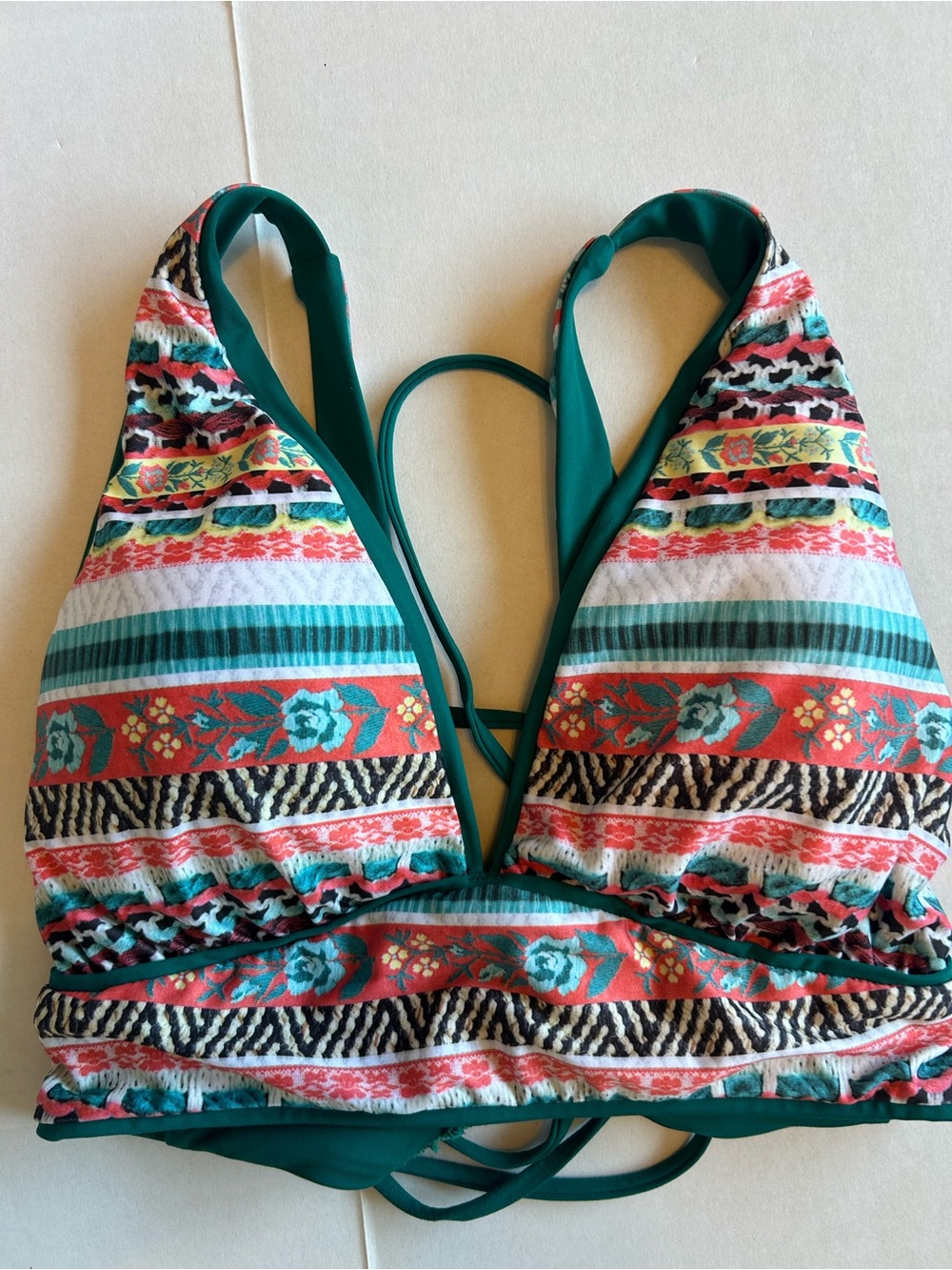 Becca Striped Floral Tribal Print Bikini Top in Teal & Coral Size DD